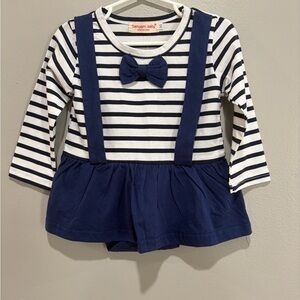 Navy & White Striped Baby Dress Romper with Bow Suspenders Size 12–18 Months